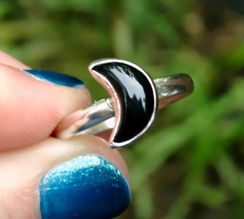 AAA Quality Natural Black Onyx Moon Ring 925 Solid Streling Silver Ring - Imagen 2 de 6