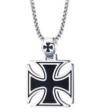 New MALTESE CROSS IRON CROSS BLACK Knight Enamel PENDANT NECKLACE Metal