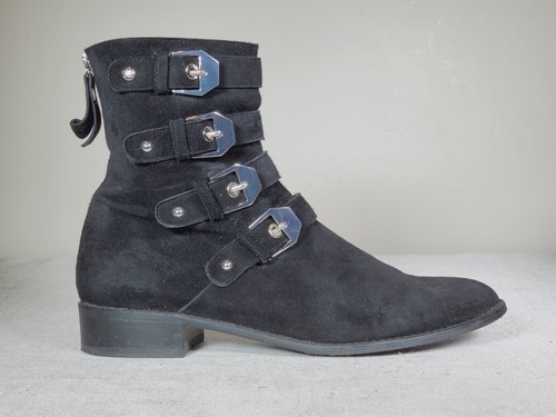 Botines de moto Stuart Weitzman Jittermacho gamuza negra 4 hebillas para mujer EE. UU. 8,5 - Imagen 2 de 12