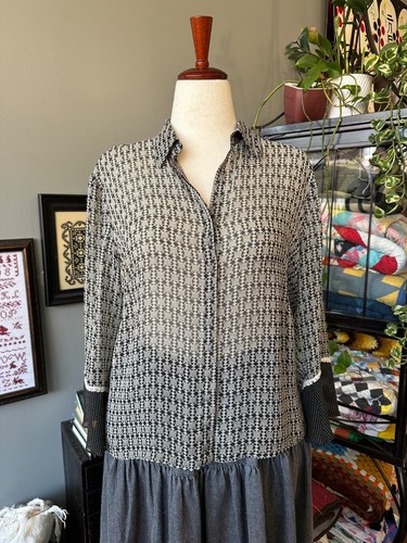 Vintage Y2K Black Printed Silk Chiffon Bell Sleeve Prairie Duster Blouse Size XL - Picture 6 of 12