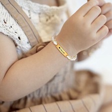 Personalised Engrave Pearl Pink Crystal Beads Name Bracelet for Girls Boys Kids