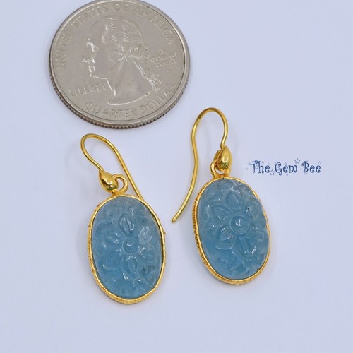18K Solid Yellow Gold Finest Blue Aquamarine Carved Floral Earrings Ear Pendant - Picture 4 of 9