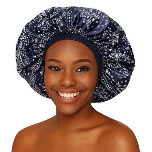 Printed Satin Silk Bonnet Cap with Black Elastic | Frizz-Free Hair Sleepwear - Picture 15 of 17