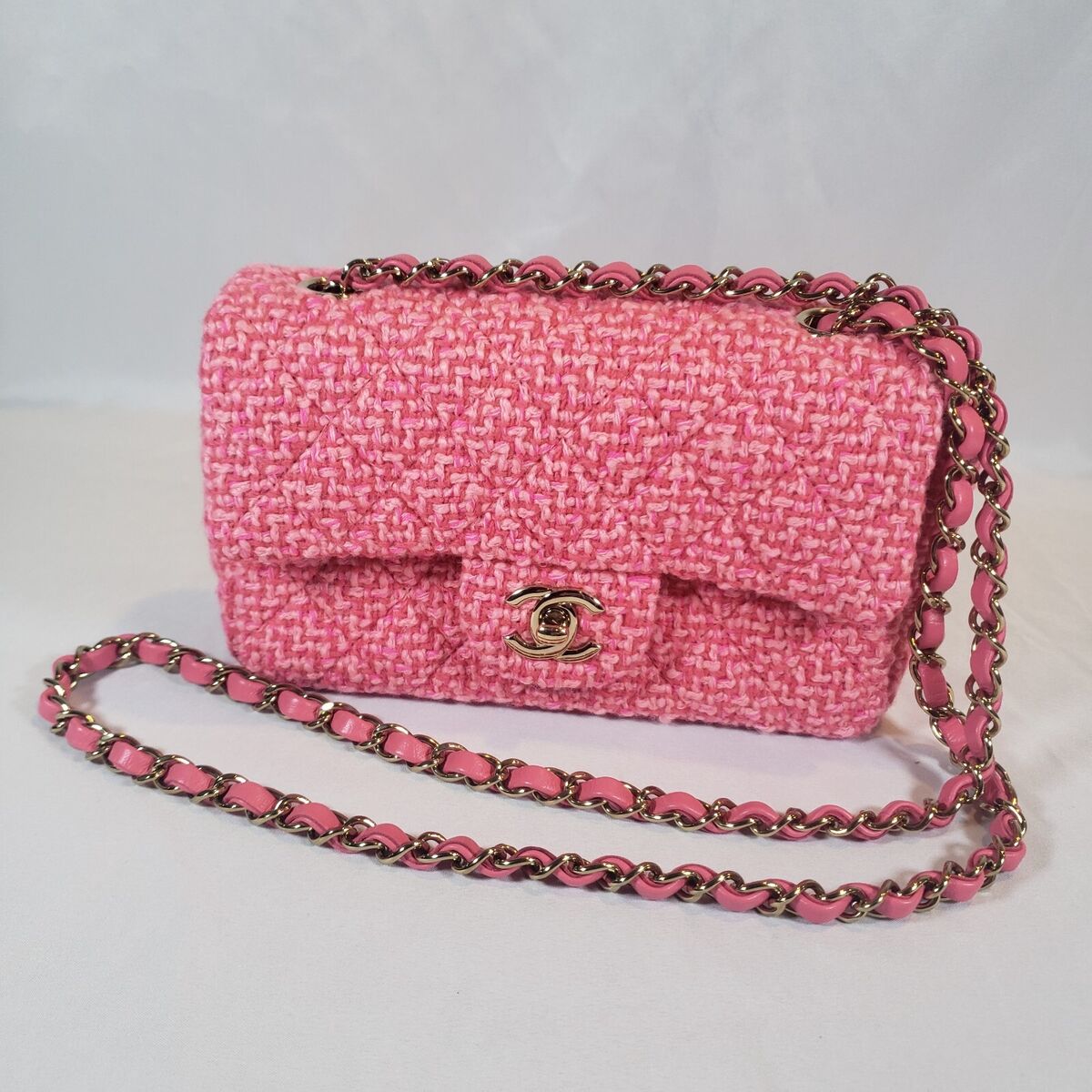 Chanel Mini Classic Handbag Fuchsia Woven Wool Pink Leather and Gold eBay