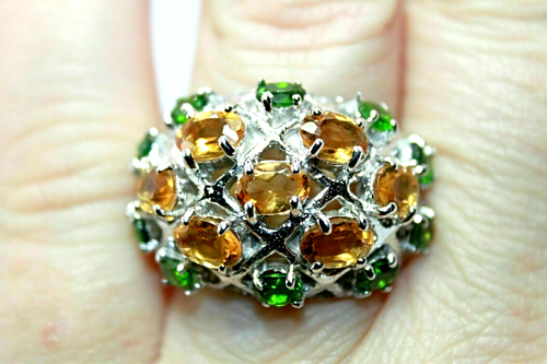 Silver Ring Citrine Chrome Diopside Genuine Natural Gems Sterling R 1/2 US 9 - Picture 8 of 24