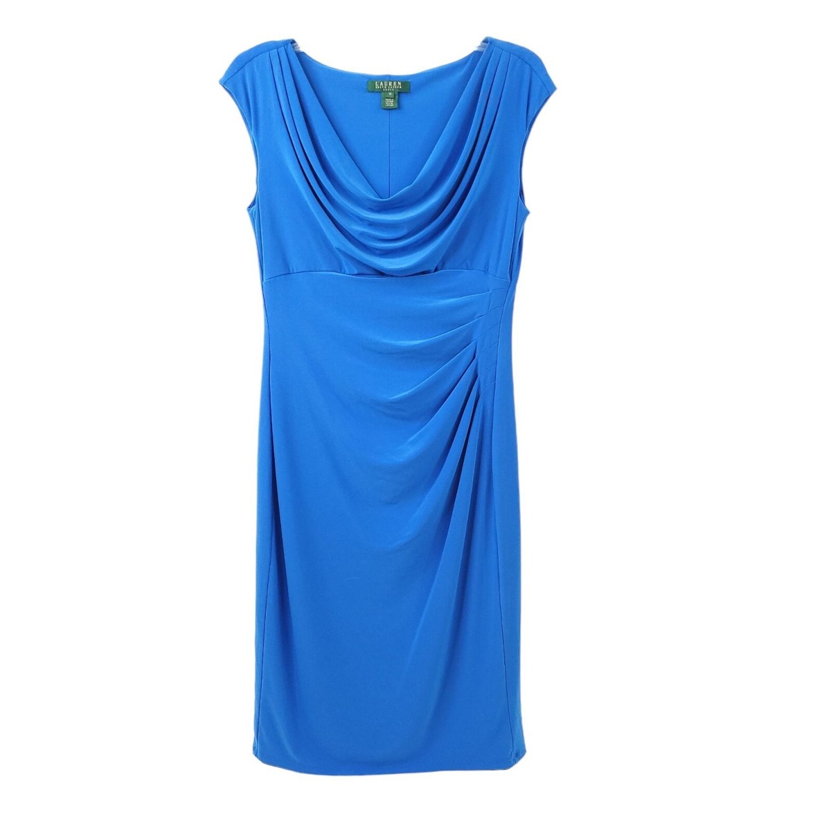 Lauren Ralph Lauren Dress Blue Ruched Cowl Neck 10 Blue Sleeveless Knee  Length