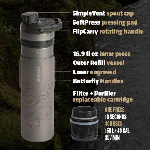 Grayl Portable Water Purifier UltraPress Titanium Outdoor Purifier Bottle 16.9oz - Picture 26 of 32