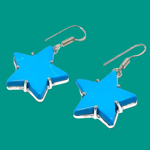 Star - Sleeping Beauty Turquoise Gemstone 925 Sterling Silver Earring 1.7" Q248 - Picture 3 of 7