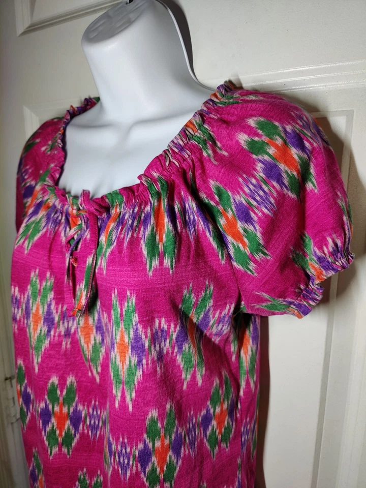 Blusa Top Chaps Rosa Multicolor Estampado Tribal Manga Campesino Algodón M Foto 2 de 4