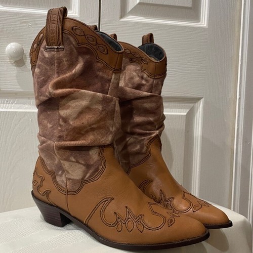 BOHO GRUNGE STIVALI WESTERN DIESEL VINTAGE MUCCA RAGAZZO PELLE TELA TAGLIA 8 - Foto 4 di 24
