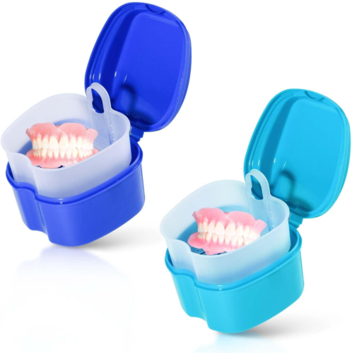 2 Pack Colors Denture Bath Case Cup Box Holder Storage Soak Container with Strai - Picture 8 of 12