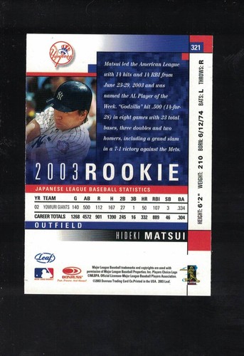 2003 Leaf Baseball Hideki Matsui Rookie #321 *YANKEES* - Afbeelding 2 van 2