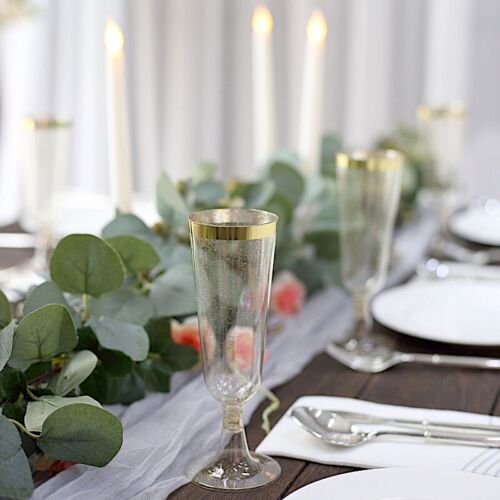 12 Clear 6 oz Flutes Glittered Plastic Champagne GLASSES Gold Trim Party Events - Picture 6 of 9