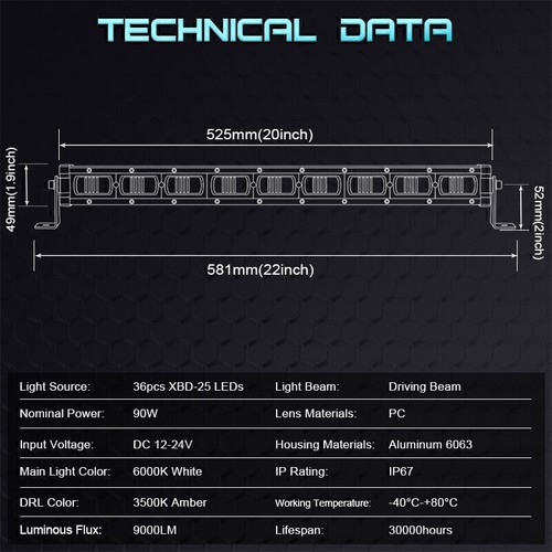 8in 14in 20in LED Work Light Bar White Amber DRL Fog Offroad Driving Truck SUV - Bild 18 von 18