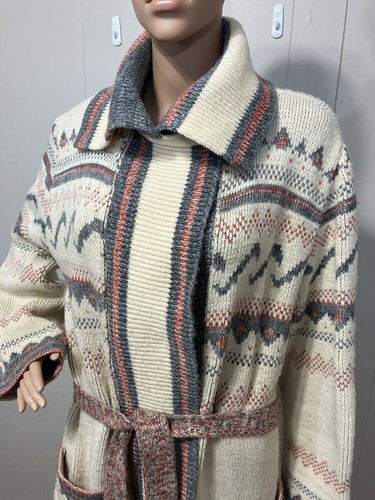 Women's US Vintage "Sabra Wintuk" Long Belted Fair Isle Knit Sweater Coat L - XL - Picture 10 of 19
