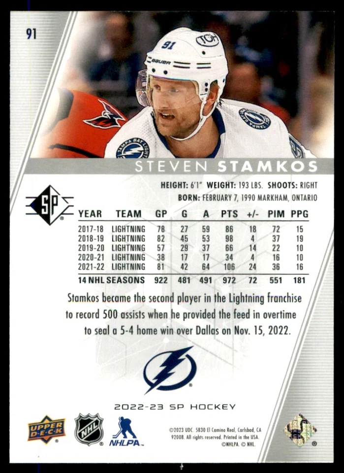 2022-23 SP Hockey Steven Stamkos #91 - Image 2 of 2