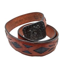 Vintage Leegin Brown Leather Belt With Spirit Of 76 Engraved Buckle Cutout Overl