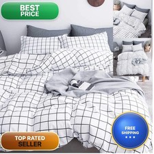 Faincy Twin XL Comforter Set White Black Grid Plaid 68x90 2PC Microfiber 1