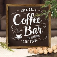 2D Vintage Coffee Bar Sign Shop Decor Wooden Frame Rustic Farmhouse Wall Art