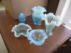 6 pcs Vintage Fenton Sea Blue Green Opalescent Ruffled Vase 6 1/2" Nappy