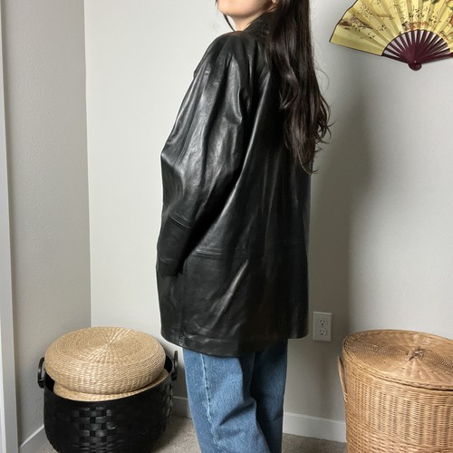Vintage 90er schwarz Leder klassischer zweireihiger Trenchcoat Jacke von Frottee - Bild 7 von 8