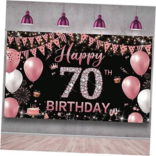 70th Birthday Decorations Backdrop Banner for Women, Rose Gold Happy 70th