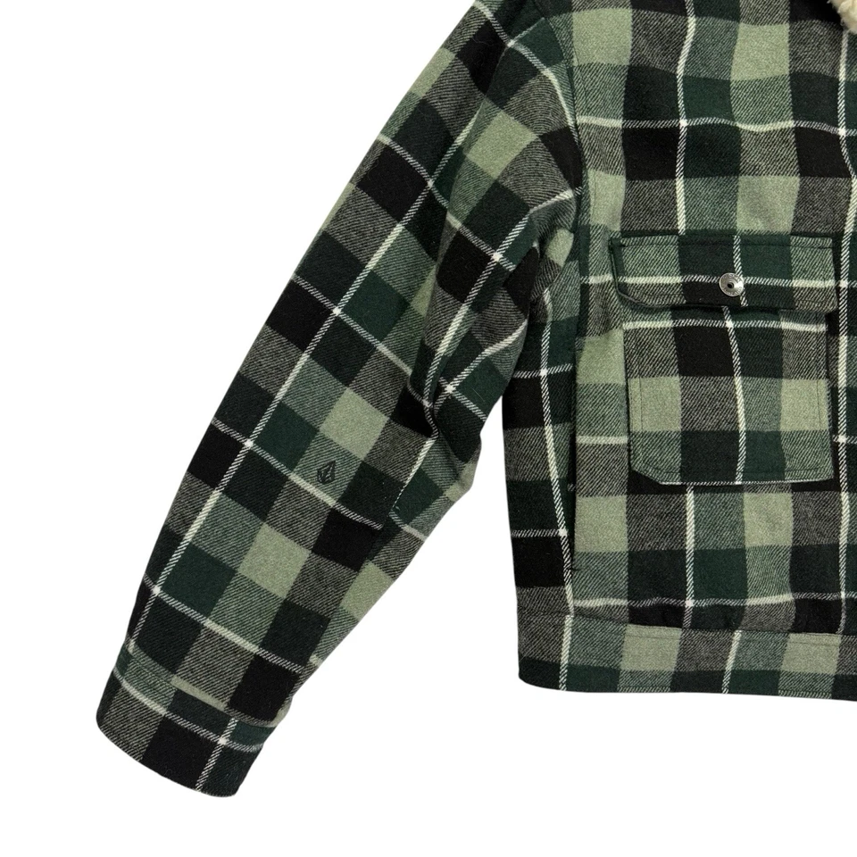 Volcom Womens Flannel Weaton Jacket Flannel Coat Sz Large Sherpa Green Black - Image 3 of 4