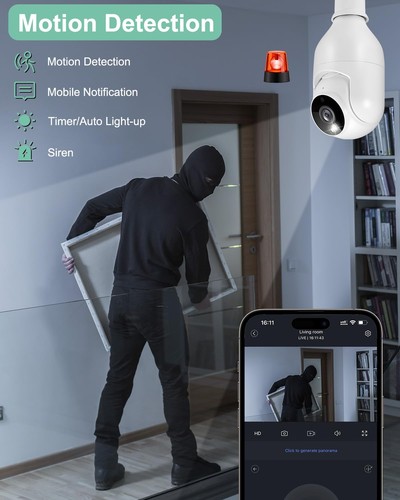 Light Bulb Security Camera, Wireless WiFi 2K Outdoor & Indoor Dome Lightbulb ... - Picture 5 of 8