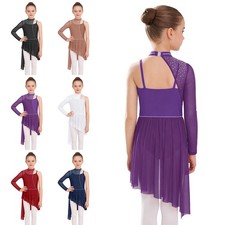 Kids Girls Leotard Jazz Dresses Stage Lyrical Rumba Dancewear Competition Hem