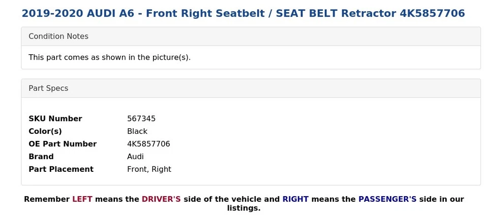 2019-2020 AUDI A6 - Front Right Seatbelt / SEAT BELT Retractor 4K5857706 - Image 4 of 4