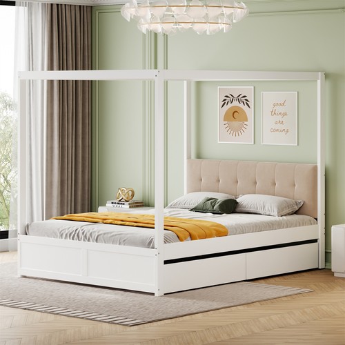 Himmelbett 140x200 cm mit 2 Schubladen und Gepolstertes Kopfteil, Holz bett weiß - Bild 3 von 9