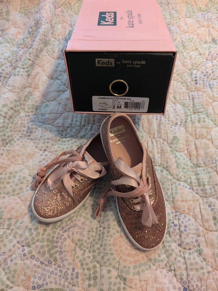 Zapatillas Kate Spade Keds Talla 5 Champion Brillo Oro Rosa Cinta Cordones Niñas Foto 2 de 2