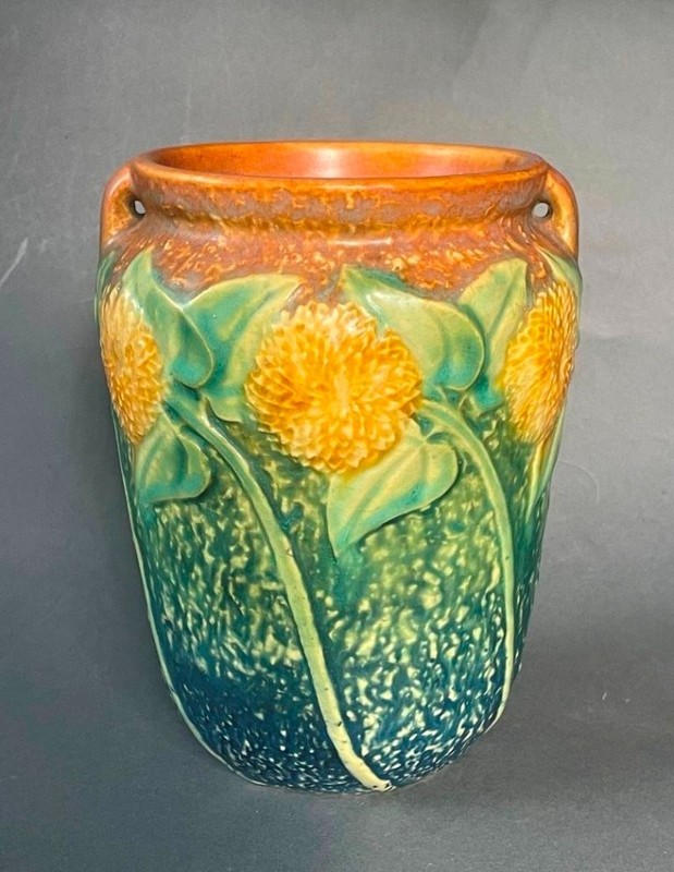 Original Antique 1930 Roseville Sunflower 514-6 Art Pottery 6" Vase