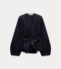 Zara NWT Belted Shoulder Pad Knit Blazer SZ Large in Navy