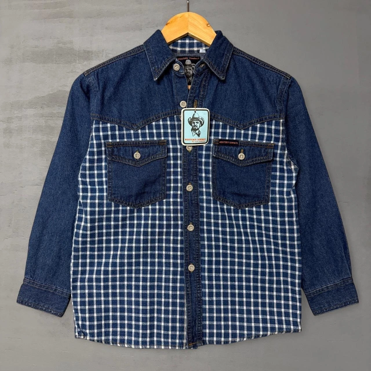 New Vintage Western Cowboy Button Down Shirt Blue Denim Boys Collared Shirt 10
