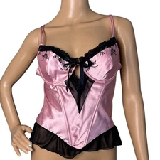 Sophie b Satin and Lace Corset Bubble Gum Pink Black Lace Size L NWOT Coquette