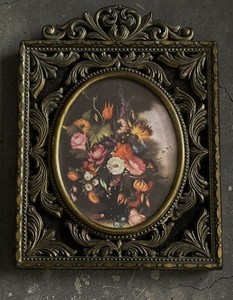 Vintage Ornate Metal Black Velvet Frame Oval Floral Print Wall Hanging Italy