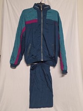 VTG 90  s KOOL Womens Track Wind suit Jogging Jacket Pants Set S Navy Teal Pink