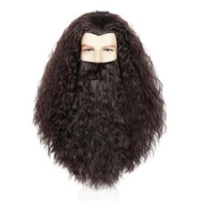 Probeauty Men's Brown Curly Wig and Beard Long Wavy Wigs with Mustache for Hallo
