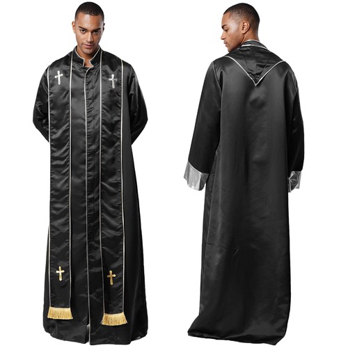 Mens Clergy Church Robe Cosplay Long Sleeve Gold Cross Wedding Halloween Costume - Picture 86 of 115