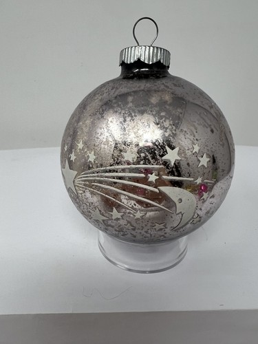 Vintage 2 Weihnachten Shiny Brite Rosa Silber Atom Sterne Mond Schablone Ornament - Bild 6 von 13