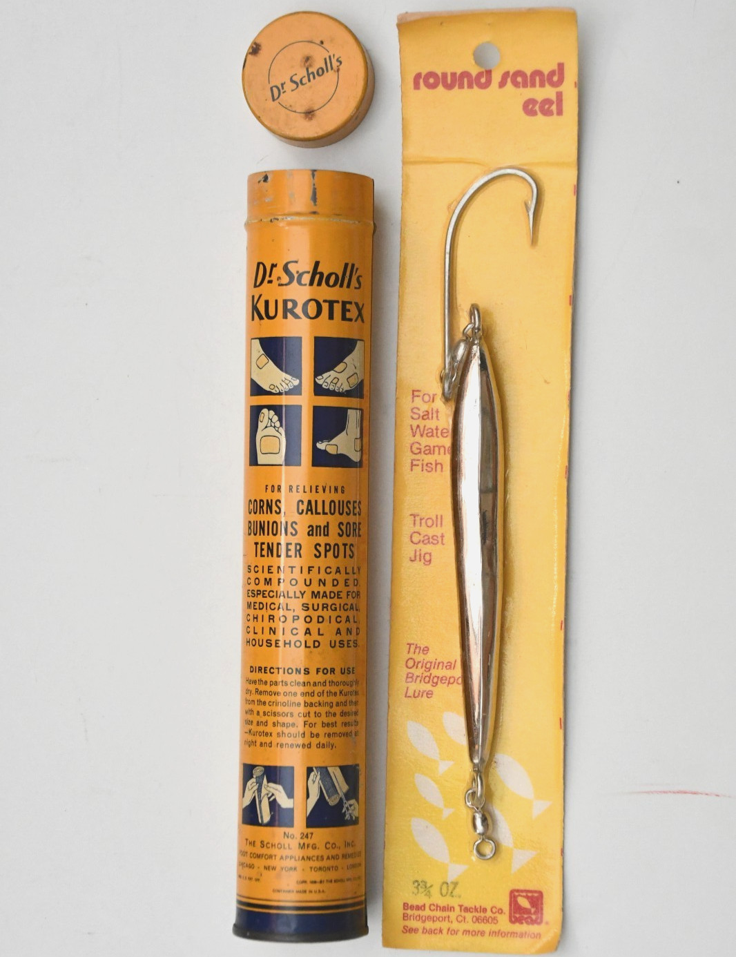 5 Vtg. Saltwater Jigs Pearl Eye Barracuda Smiling Bill St Jude in Dr Scholls Tin