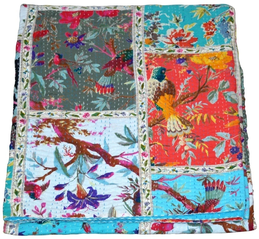 Colcha Kantha de algodón indio con estampado de pájaros retazos arte étnico vintage Foto 3 de 4