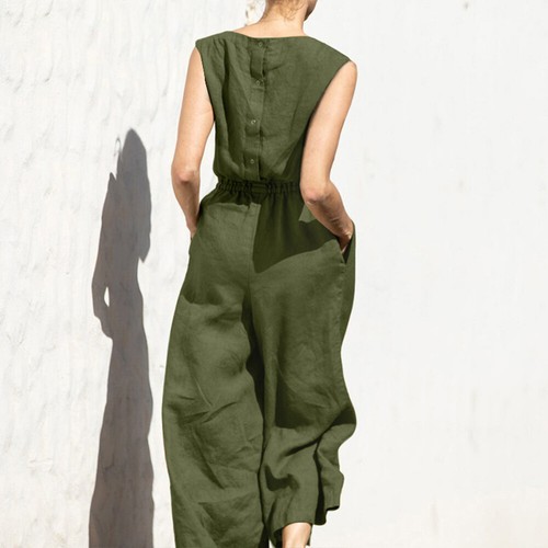 Women's Cotton Linen Jumpsuit Summer Casual Loose Plain Romper Playsuit Overalls - Picture 7 of 15