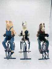 Set of Three Whimsical Wooden PIG Cow And Horse on BICYCLE Home Decor  11"
