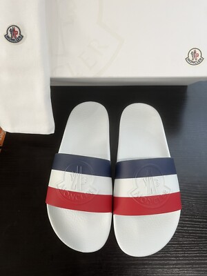New Moncler Basile Striped Slide Sandals White Men s 9 (42)