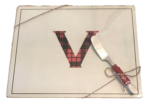 Glass Cheese Board w/ Metal Knife 10" x 6"Red Beaded Handle Red Plaid Letter "V"
