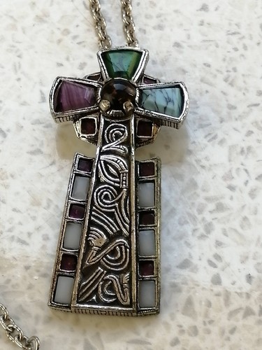 Vintage Silver Tone Scottish Celtic Cross Pendant Chain Gem Stone Anglo Saxon - Picture 4 of 8