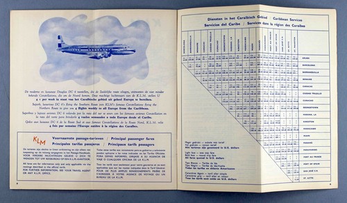 KLM TIMETABLE AUGUST 1950 CARIBBEAN EDITION SCHEDULE ROYAL DUTCH AIRLINES DC-6 - Picture 2 of 4