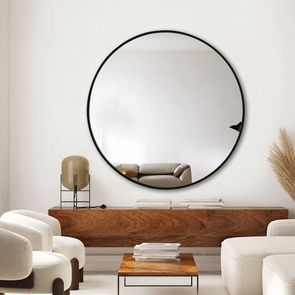 Black Round Mirror 100cm Aluminium Frame Modern Decor Living Room Bathroom Wall - image 2 of 4